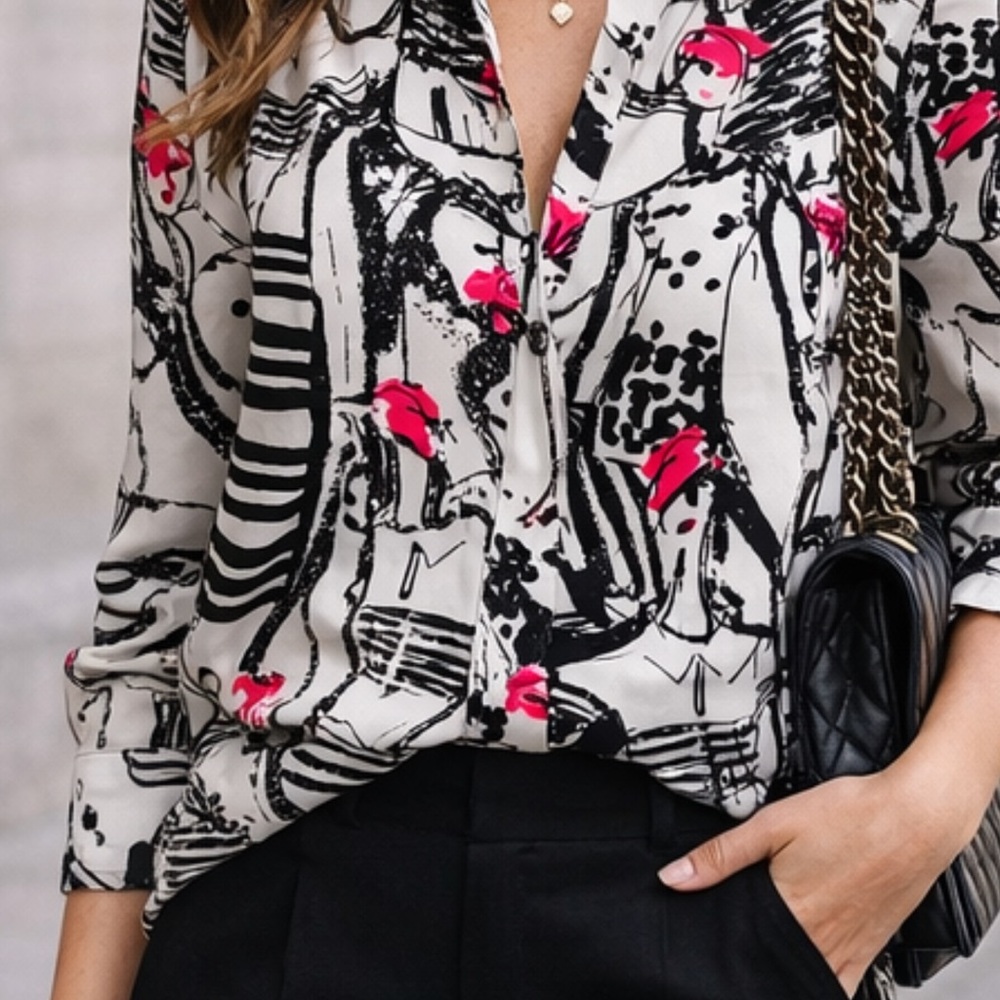 KARL LAGERFELD Artistic Print Button-Up Blouse | Designer Statement Top